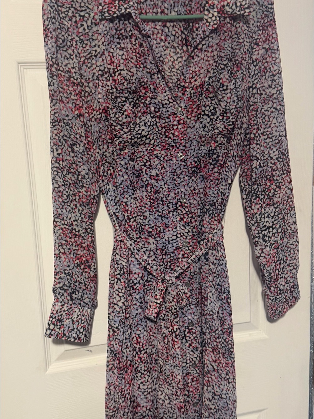 DKNYC Long Sleeve Printed Shirt Dress in Pink and Black